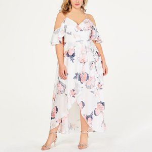 City Chic Dress 16W Womens Plus Maxi White Floral High-Low Cold-Shoulder V-Neck